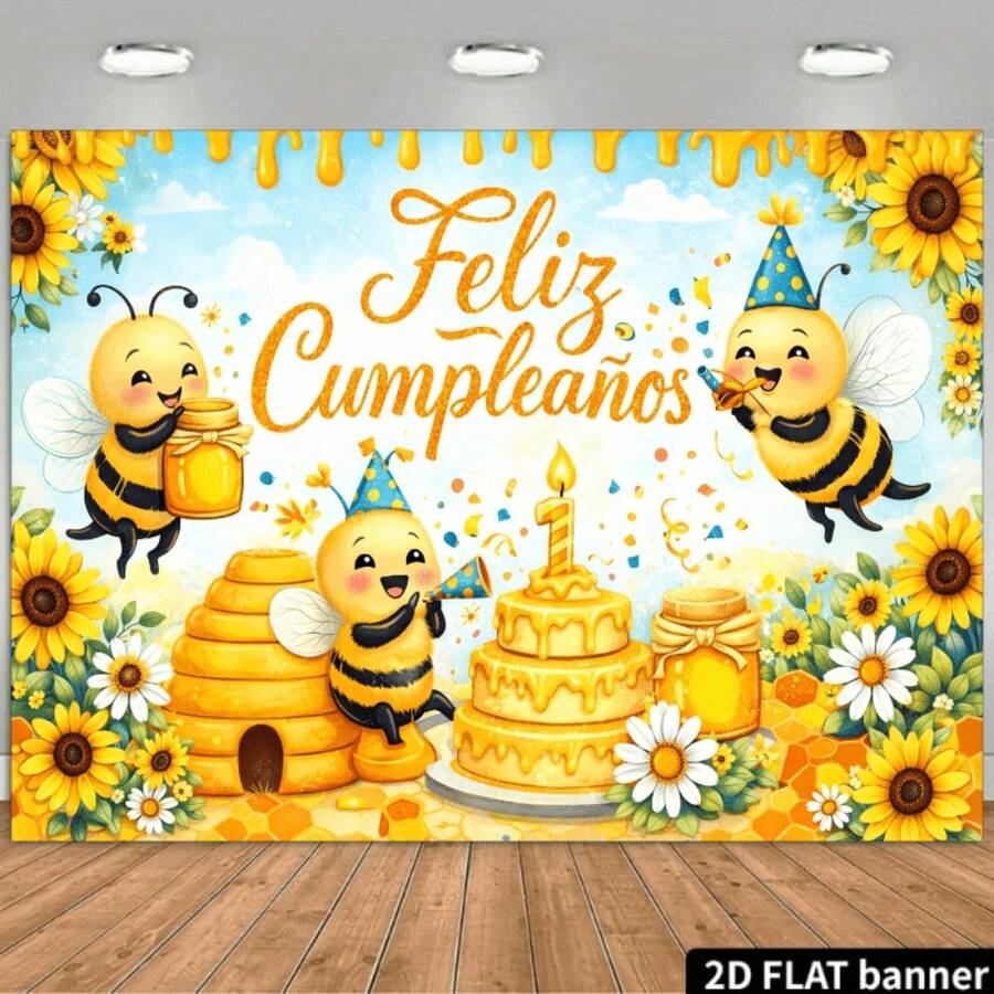2D Flat Bee Theme Party Backdrop, " " Gold Spanish Blessing Text, Cartoon Bee Wearing Red Party Hat Holding Honey Spoon - Multicolor - View 1