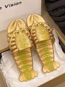 男士小龍蝦造型拖鞋，創意趣味涼拖，室內居家與沙灘拖鞋 - 金色 - 查看 2