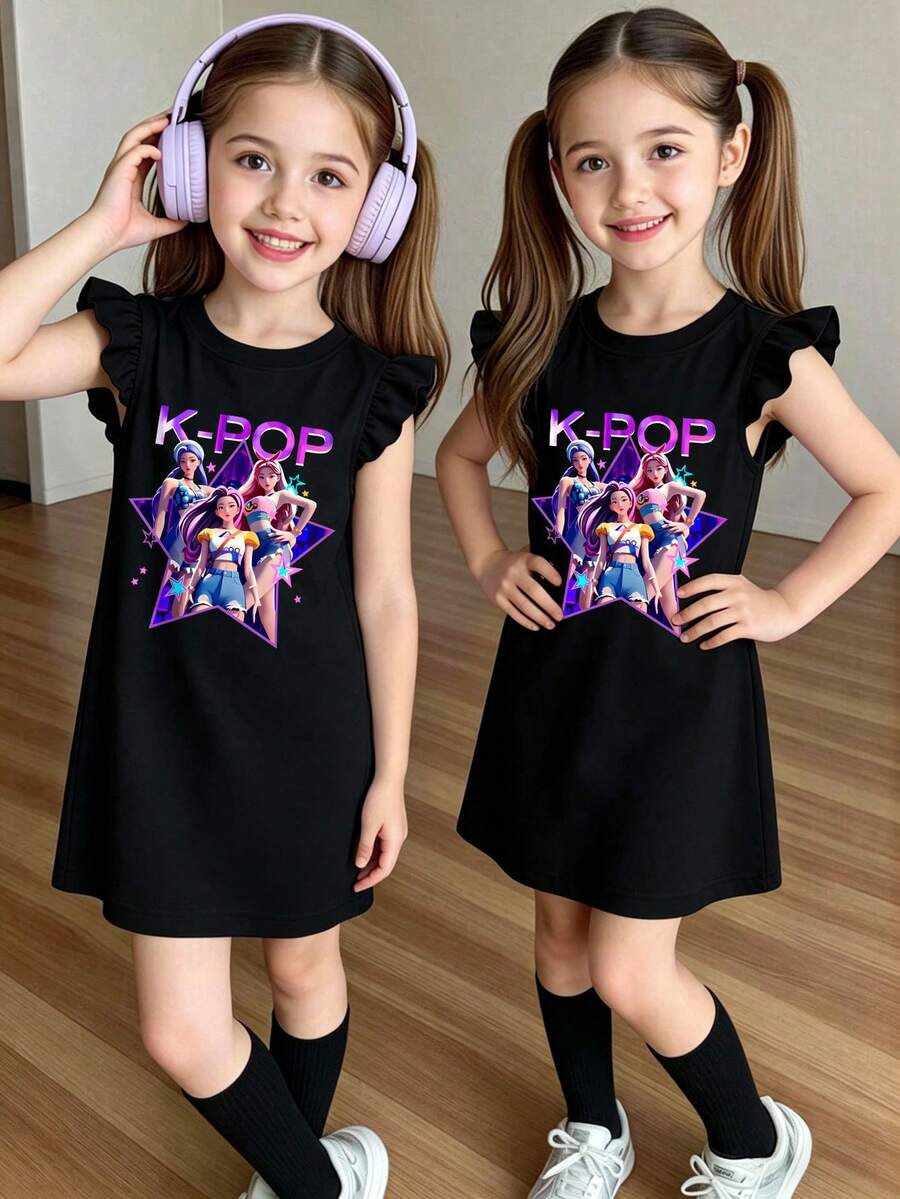 Tween Girl Cute Star Pattern T-Shirt Dress, Ruffle Short Sleeve Casual Sun Dress, Soft And Comfortable Fabric, Sweet Dress Suitable For Summer School And Daily Wear - Black - View 1