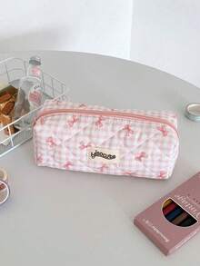 1pc Cute Bow Plaid Pencil Case, Fresh Korean Style Design, Back To School Student Stationery Storage Bag, School Bag Pencil Pouch - Blue - View 10