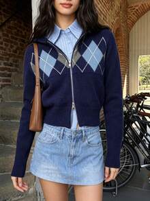 Women's Collegiate Style Argyle Knit Zip-Up Cardigan Sweater, Suitable For Autumn Casual Style, Medium Stretch Regular Length Pullover - Navy Blue - View 2