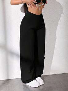 Plus Size Women Straight Leg Pants, High Stretch Fabric Comfortable Daily Wear, Fashionable Black - Black - View 2