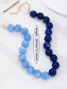 1pc Blue Gradient Chunky Resin Bead Necklace For Women - Large Marble Swirl Effect Bead Choker Necklace, Bold Vintage Jewelry - Necklace - View 3
