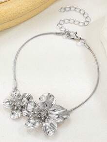1pc Fashionable Vintage High-End Luxury Style 3D Flower Double Pendant Adjustable Chain Necklace, Kids Version - Silver - View 4