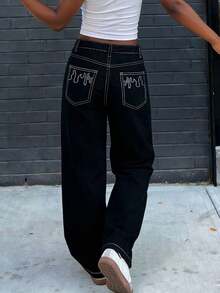 Women's Flame Embroidered Loose Straight Leg Denim Jeans - Black - View 4