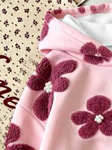 Young Girl Floral Pattern Warm Hooded Sweatshirt - Pink - View 3