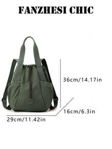 Mochila tipo cubo de nailon suave con cierre de cordón, múltiples bolsillos laterales, decoración de logotipo redondo, uso versátil, bolsa casual para viajes y desplazamientos - Verde militar - Ver 5