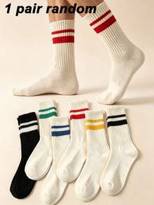 1/5 Pairs Men's Striped Mid-Calf Socks, Comfortable Breathable Moisture-Wicking Sports Socks, Couple Socks, Unisex, Suitable For Daily Wear, Sports, Back To School Season, Random Color - Multicolor - View 8