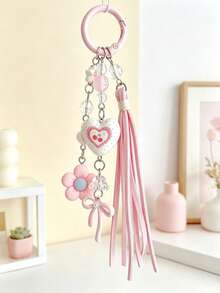 1pc Pink Cherry Heart Bag Charm, Flower Tassel Bag Pendant For Girls - Multicolor - View 2