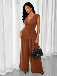 Elegant Women's Deep V Neck Ruched Bust Two Pieces Jumpsuit, Zipper Detail, Non-Stretch For Fall - Reddish Brown - View 5