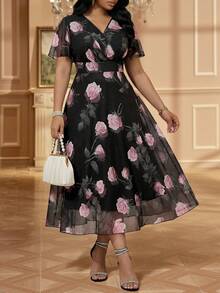 Fleurora Plus Size Women's Dress,Floral V-Neck Flared Sleeve Vintage Wedding Guest Vacation Elegant Summer - Multicolor - View 1