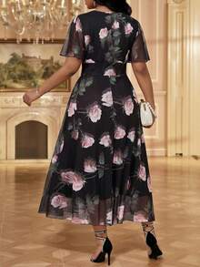 Fleurora Plus Size Women's Dress,Floral V-Neck Flared Sleeve Vintage Wedding Guest Vacation Elegant Summer - Multicolor - View 2