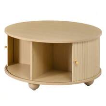 Round Coffee Table, Living Room Table, Vertical Relief Structure, Two Sliding Doors, MDF Frame, Metal Handles, Spherical Metal Feet, Four Separate Storage Compartments - 自然色 - 查看 10