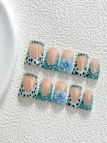 10片裝 Y2K 牛奶牛紋手工穿戴甲，Polygel 凝膠美甲套組，牛斑點圖案，黑藍色指甲油，甜酷女孩風，附美甲工具，3種尺寸可選：杏仁形、鴨嘴形、棺材形，適合派對、跳舞、日常配戴 - 彩色 - 查看 13
