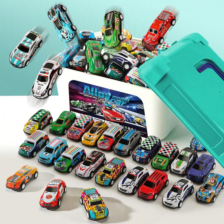 UINLE Baby 22/32/52pcs Children's Alloy Toy Cars - Storage Box Set, Friction-Powered Sliding Cars, Push-Pull Mini Racing Car Models, Kids Toy Cars, Boys Toy Cars, Desktop Racing Toys, Random Pattern Matching, Birthday Gifts, Holiday Gifts, Back To School Gifts For Boys And Girls - Multicolor - View 1