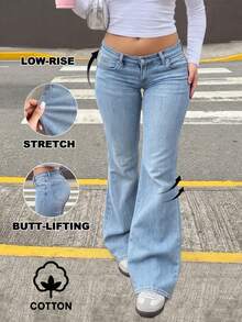 MYOURSA Y2k Low Waist Flare Leg Jeans, Stretch Washed Denim Fabric, Casual Street Style, Zipper Fly, Holiday Outfit, Women's - Light Wash - View 1