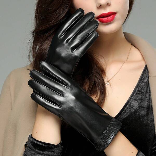 1 Pair Women Genuine Sheepskin Leather Gloves, Fleece Lined Thermal Screen Windproof Driving Cycling Gloves Fall Winter