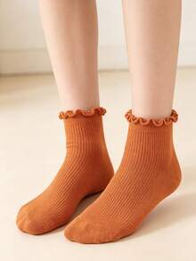 1/5/10 Pairs Of Women's Sweet Orange Pleated Socks, Soft, Comfortable And Breathable, With Pleated Design, Suitable For Daily Wear - Orange - View 8