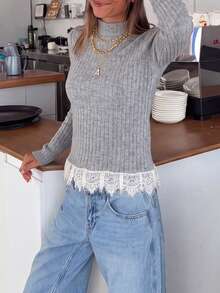 Women's Ribbed Contrast Lace Hem Knit Long Sleeve Top - Light Grey - View 3