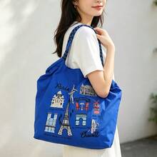 1 buah Tas Belanja Motif Menara Eiffel Bordir Terbaru, Tas Tote Bahu Lipat Kapasitas Besar untuk Pesta dan Perjalanan, Bahan Nilon - MultiWarna - View 15