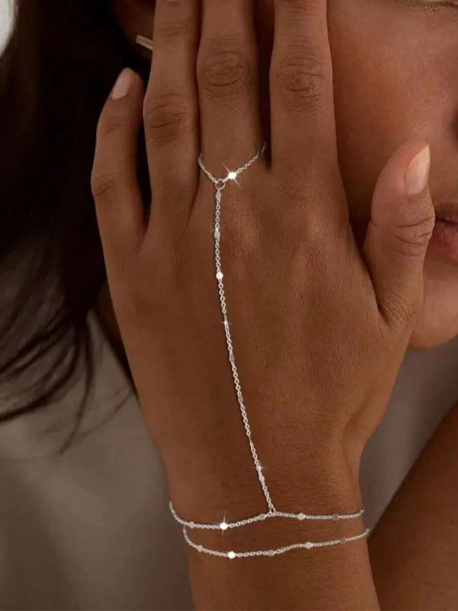 Elegant Women's Minimalist Finger Bracelet, Bridal Jewelry Fashion Hand Accessory - Silver - View 1