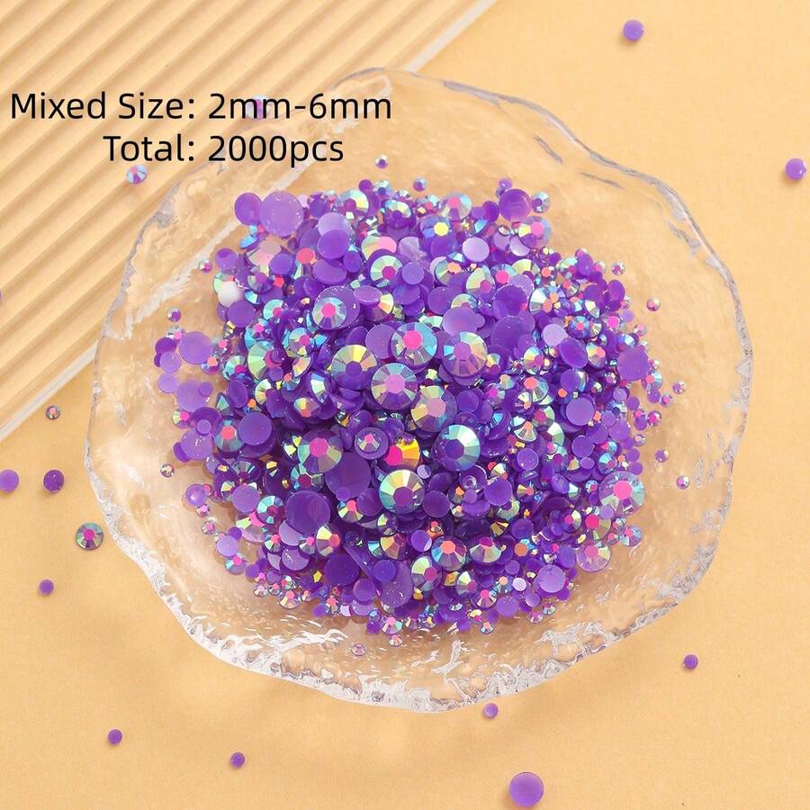 2MM-6MM 混色 2000顆/包 圓形平底樹脂水鑽果凍糖 AB色亮面亮片 DIY 寶石鑽飾貼花珠,適用於衣服、包包、鞋子、馬克杯、瓶子、杯子、手機、DIY配件 - 深紫50 - 查看 1
