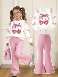 Girls' Simple Fashion Pink Bow Cartoon Print White Top And Pink Pants Sports Set, Autumn/Winter - White - View 1
