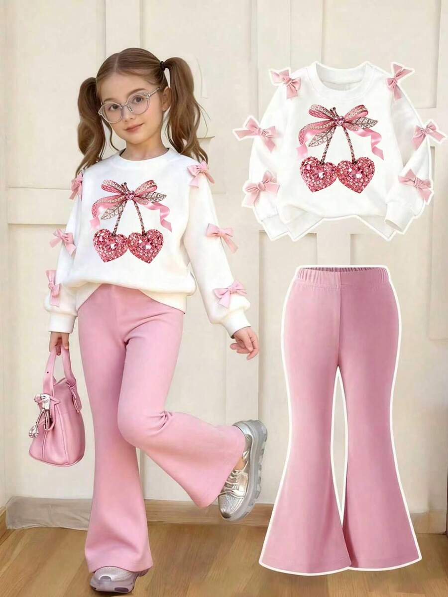 Girls' Simple Fashion Pink Bow Cartoon Print White Top And Pink Pants Sports Set, Autumn/Winter - White - View 1
