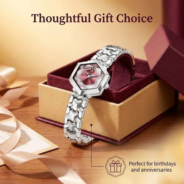 1PC Lady Stainless Steel Bracelet Luxurious Luminous Waterproof Polygonal Small Size Pink Dial Quartz Watch Business Birthday Festival Gift Souvenir