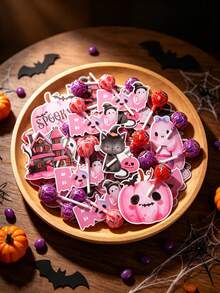 48pcs Pink Halloween Lollipop Decoration Cards, Cute Spooky Candy Toppers With Ghost, Cat And Pumpkin Patterns, Halloween Party Candy Packaging Labels, 2026 Halloween Decor, Holiday Crafts, Halloween Decoration, Halloween Party, Trick Or Treat Decoration - Multicolor - View 1