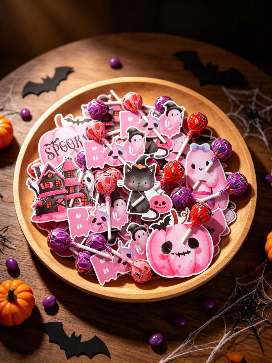 48pcs Pink Halloween Lollipop Decoration Cards, Cute Spooky Candy Toppers With Ghost, Cat And Pumpkin Patterns, Halloween Party Candy Packaging Labels, 2026 Halloween Decor, Holiday Crafts, Halloween Decoration, Halloween Party, Trick Or Treat Decoration - Multicolor - View 1