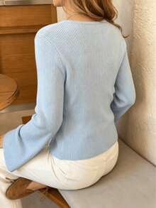 Women's Light Blue Ribbed Knit Cardigan, Chinese Frog Button Flare Long Sleeve Cropped Top, Elegant Fall Winter Outfit For Office Cafe & Daily Commute - Baby Blue - View 6