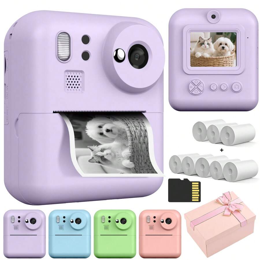 Children's Instant Print Camera Set, Front And Rear Lens Selfie Camera, Supports 1080P Video, Suitable For 3-12 Years Old Children's Christmas, Birthday And New Year Gifts, Battery Capacity 1300mAh