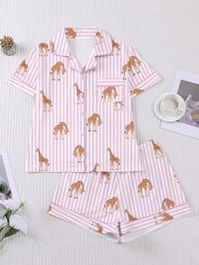 2pcs/Set Women's Pajama Set, Giraffe Print, Women's Loungewear, Spring/Summer Holiday Outfit, Short Sleeve Top And Shorts Set - Pink - View 7
