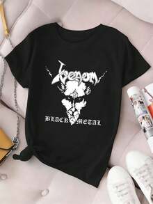 Women's Black Oversized Graphic Print T-Shirt, Soft Cotton, Relaxed Fit, Breathable, Casual, With . - Black - View 2