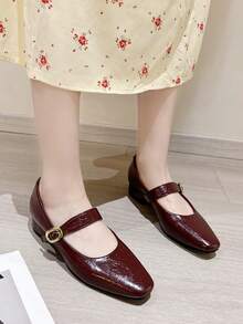 法式優雅通勤女款低楦頭瑪麗珍鞋，韓系仙女風粗跟單扣帶，大尺碼 41-43 - 酒紅色 - 查看 7
