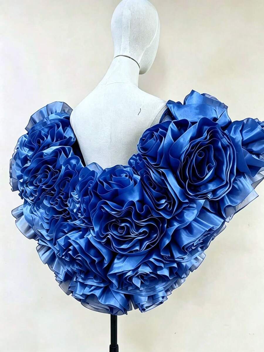 European & American Bride Romantic Elegant 3D Rose Applique Heavy Embroidery Wedding Dress Accessory Arm Cover Short Cape Shawl - Royal Blue - View 1