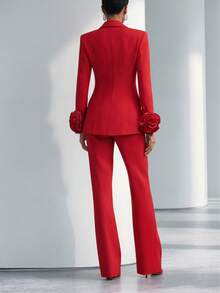 Spring/Autumn Women's Urban Elegant Solid Color Long Sleeve Blazer With 3D Floral Cuff Decor, Double-Breasted Jacket And Straight Leg Pants Red Fall - Red - View 7