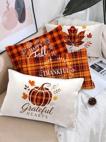 4pcs,American Country Vintage Thanksgiving Plaid Style Pillow Covers,Home Decor,Gift,Polyester Material,Hidden Zipper,No Filling,Suitable For Halloween,Thanksgiving Home Decor,Living Room Decor,Pillow Covers,Cushion Covers,Sofa Decorative Cushions,Pillow Covers,Lumbar Pillow Covers,Soft Cushions. - Multicolor - View 2