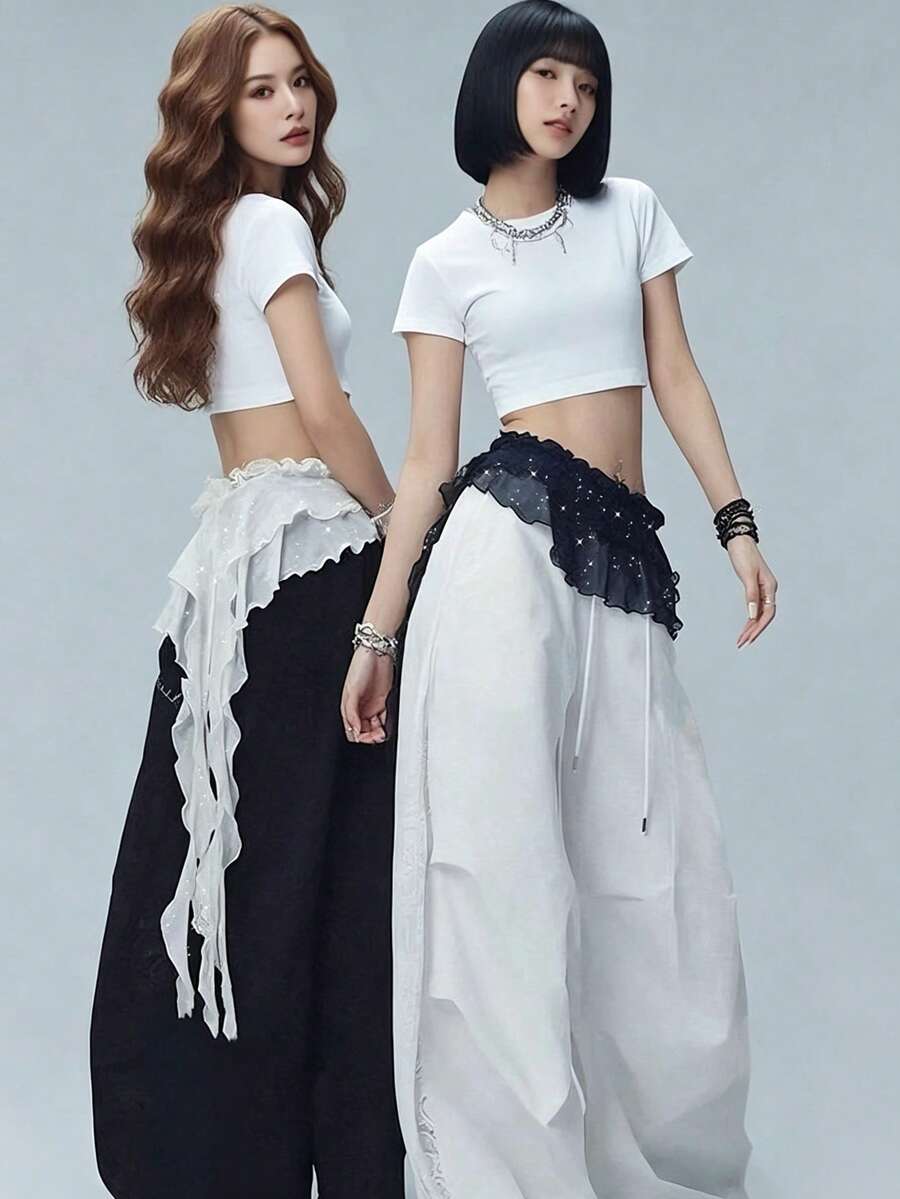 1件亮面爵士舞荷葉邊流蘇腰部層次裙,搭配肚皮舞飾品與美式嘻哈圍巾 - 彩色 - 查看 1