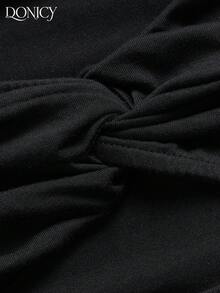 DONICY Women's Black Square Neck Twist Front Cropped Shoulder Top, Ruched Short Sleeve Fitted Party T-Shirt - Black - View 4