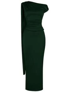 Solid Color Elegant Ruffle Zipper Pleated Dress For Beach - Dark Green - View 7