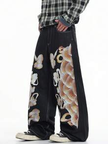 Justice Brother 1pc Hong Kong Style Graphic Print Men's Loose Wide Leg Denim Jeans, All Season Versatile Long Pants (Belt/Accessories Not Included) - Black - View 5