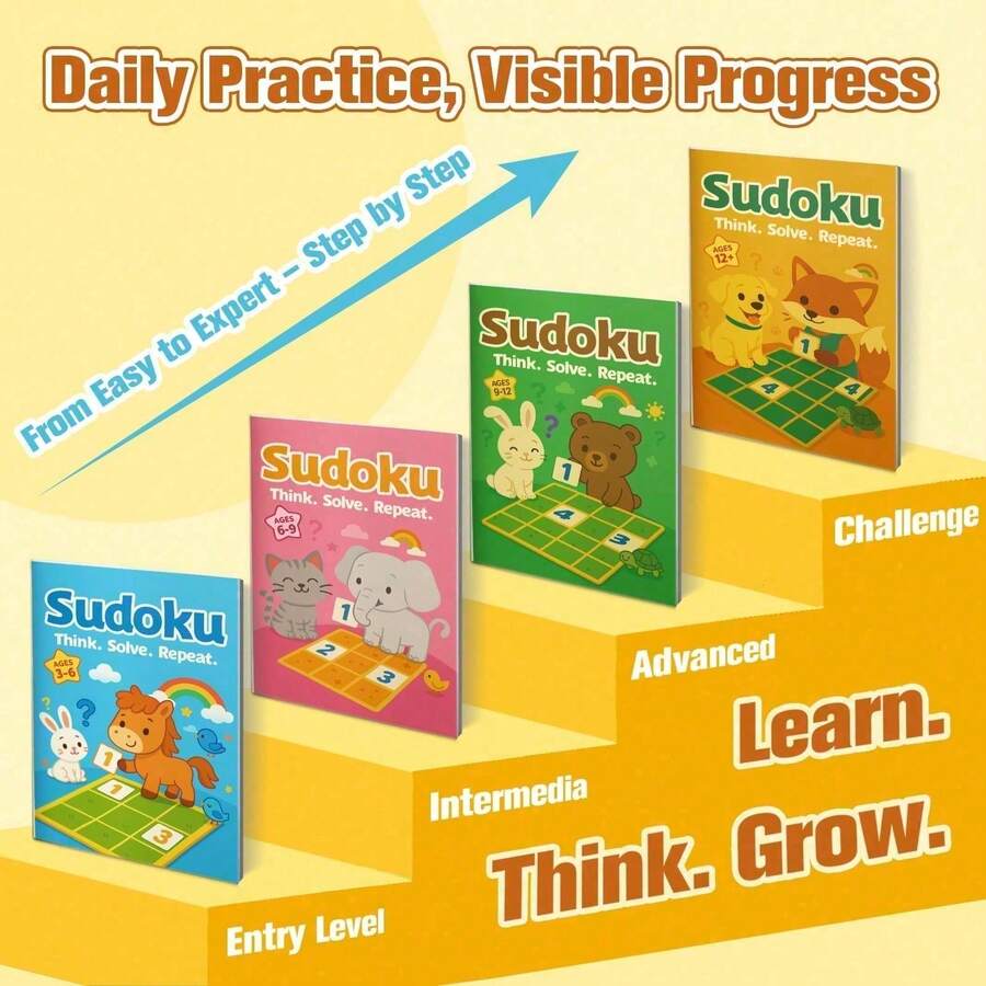Kids Sudoku Practice Notebook, Fill-In Number Grid Logic Exercises, One Challenge Per Page, Choose Ages 3-6 6-9 9-12 12+ - Sudoku Book - View 1