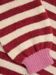 Women's Red And Beige Striped Round Neck Knit Pullover, Featuring Contrast Pink Ribbed Cuffs And Hem, Loose Long Sleeve Top, Suitable For Autumn/Winter Daily Streetwear, Comfortable Soft Basic Top - Red - View 4