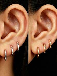 6pcs/Set Dual-Use Nose Ring & Earring Set, Gold And Silver Dual-Color Combination, Stainless Steel Material, Size 6/8/10mm - Designed For Women, Versatile Fashion Jewelry Set For Casual Wear And Various Occasions - As Shown In the Figure - View 14