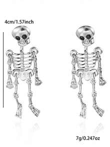 1 Pasang Anting Tengkorak Berlebihan, Hadiah Halloween, Anting Rumbai Kepala Tengkorak Panjang yang Kreatif dan Lucu - Perak - View 4