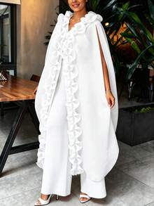 AOMEI 女款優雅白色寬鬆透視和服風洋裝，附荷葉邊飾、開襟與抽繩設計，婚禮賓客派對洋裝 - 白色 - 查看 9