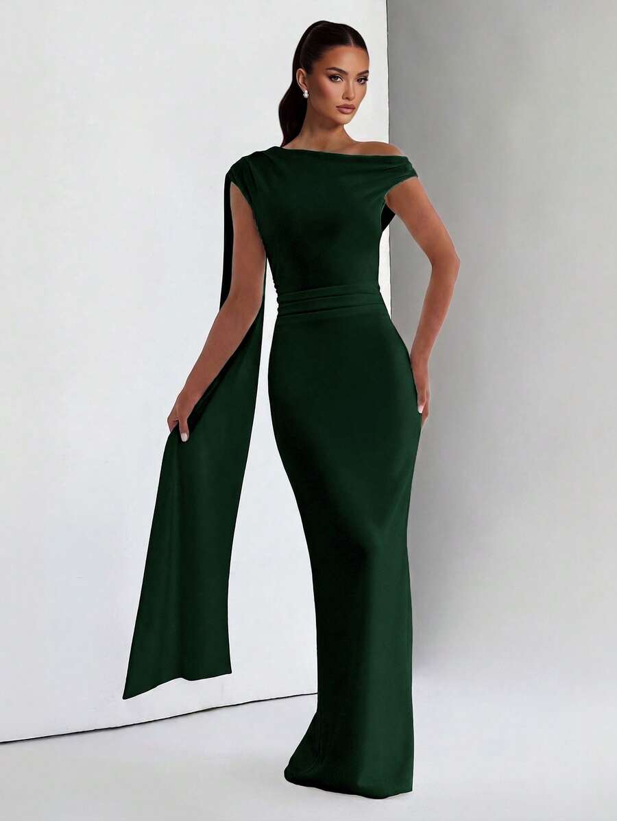 Solid Color Elegant Ruffle Zipper Pleated Dress For Beach - Dark Green - View 1