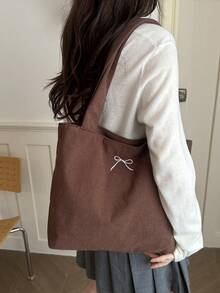 Corduroy Solid Color Shoulder Tote Bag - Coffee - View 4